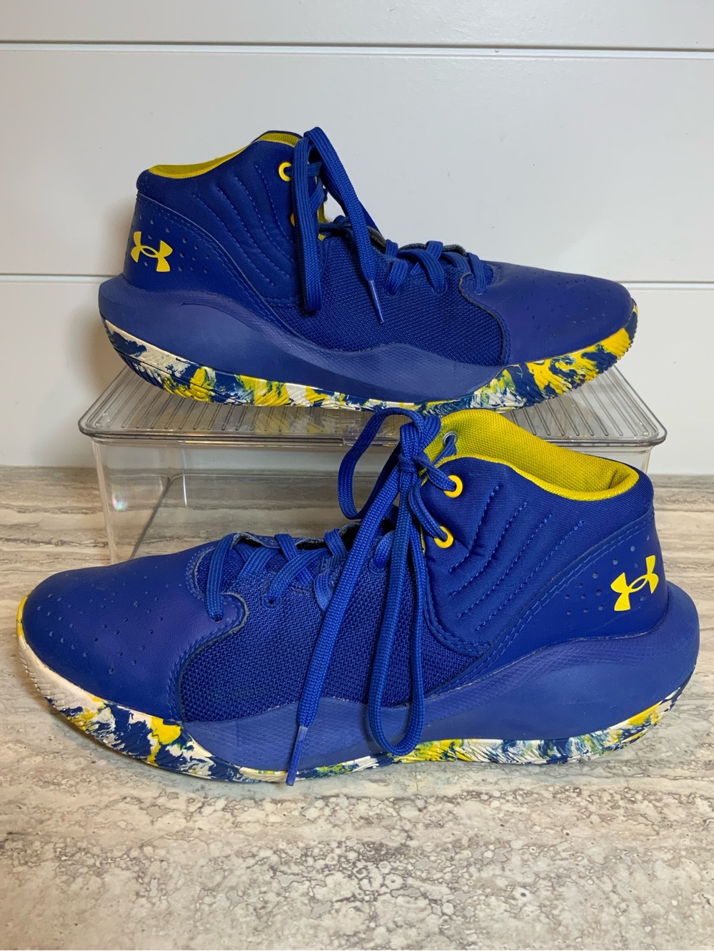 Under Armour Youth Jet 21 Royal Blue Yellow Mid Top Basketball Sneakers - Size 7